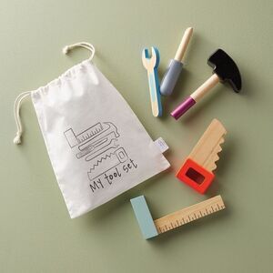 Mudpie Kids Wood Tool Set 6 pieces NWT, 5 Tools in a Muslim Bag